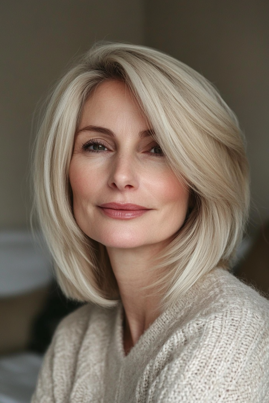 11. Feathered Layers with Light Blonde Hue (Layered Bob Haircuts For Women Over 50) - Layered Bob Haircuts For Women Over 50