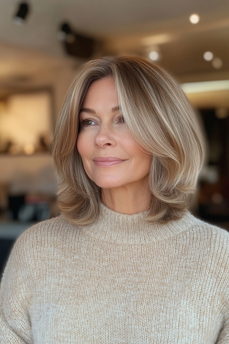 12. Subtle Layers with Beige Highlights (Layered Bob Haircuts For Women Over 50) - Layered Bob Haircuts For Women Over 50