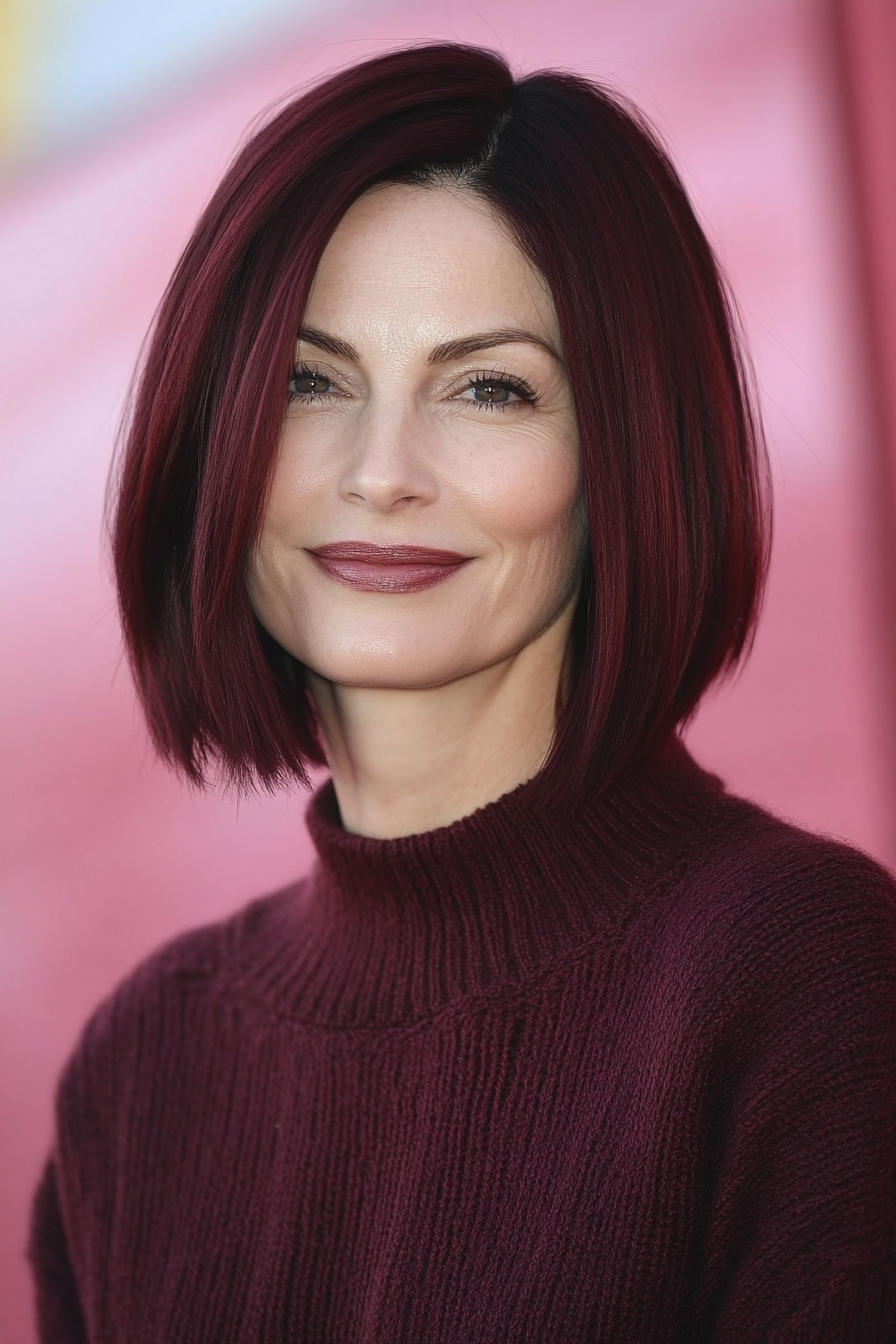 13. Sleek Bob with Deep Burgundy Tint (Layered Bob Haircuts For Women Over 50) - Layered Bob Haircuts For Women Over 50