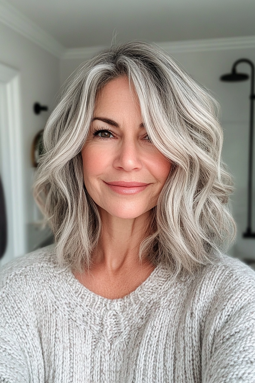 14. Layered Wavy Bob with Platinum Streaks (Layered Bob Haircuts For Women Over 50) - Layered Bob Haircuts For Women Over 50
