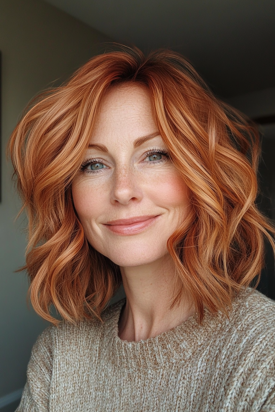 15. Curved Bob with Golden Copper Tint (Layered Bob Haircuts For Women Over 50) - Layered Bob Haircuts For Women Over 50