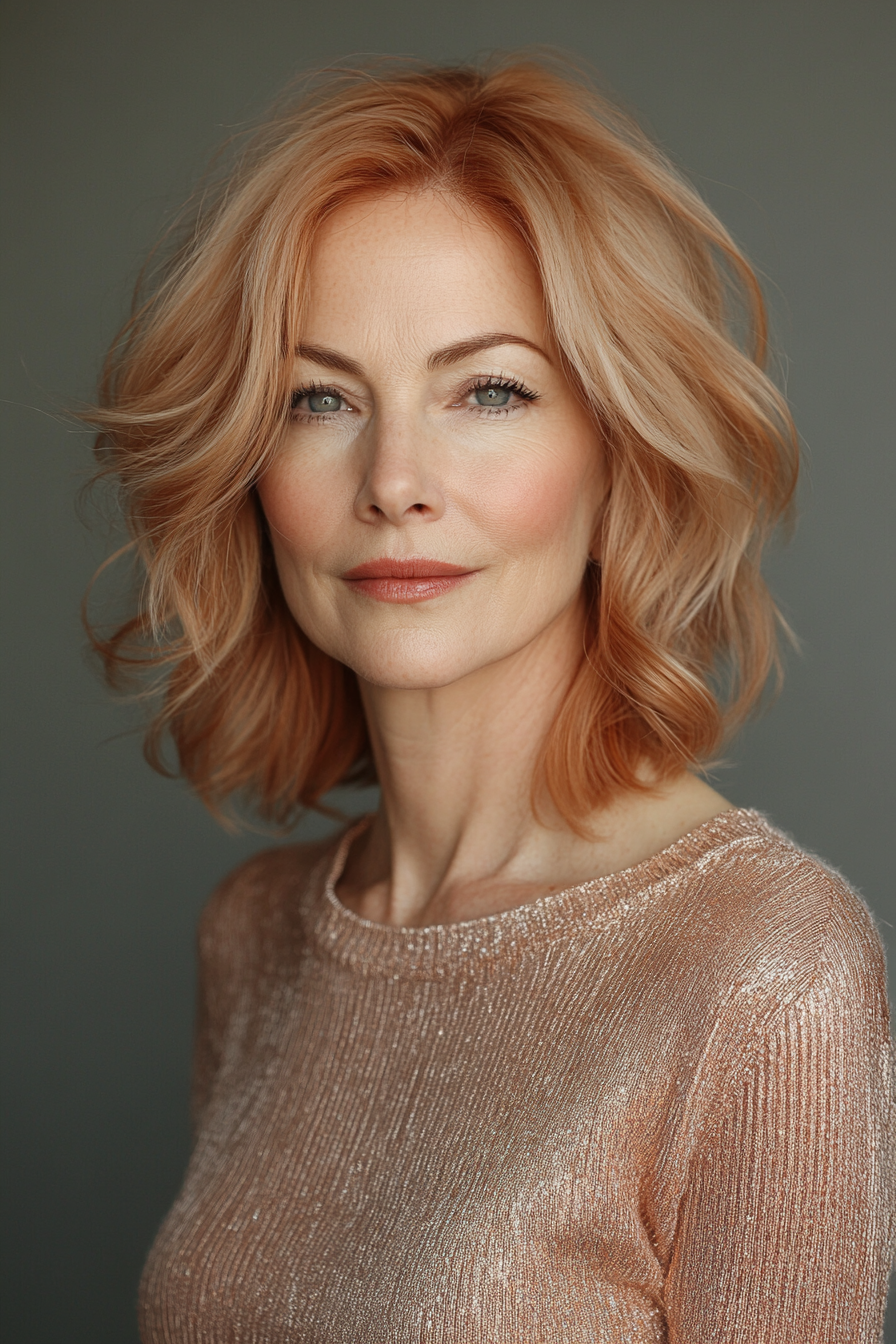 16. Layered Lob with Subtle Rose Gold Glow (Layered Bob Haircuts For Women Over 50) - Layered Bob Haircuts For Women Over 50