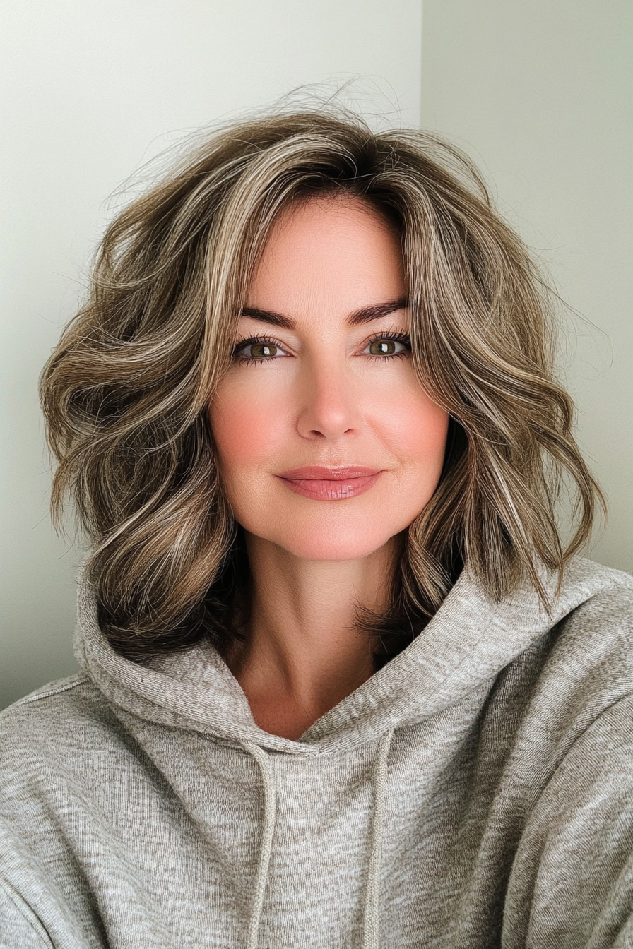 18. Tousled Bob with Warm Mocha Highlights (Layered Bob Haircuts For Women Over 50) - Layered Bob Haircuts For Women Over 50