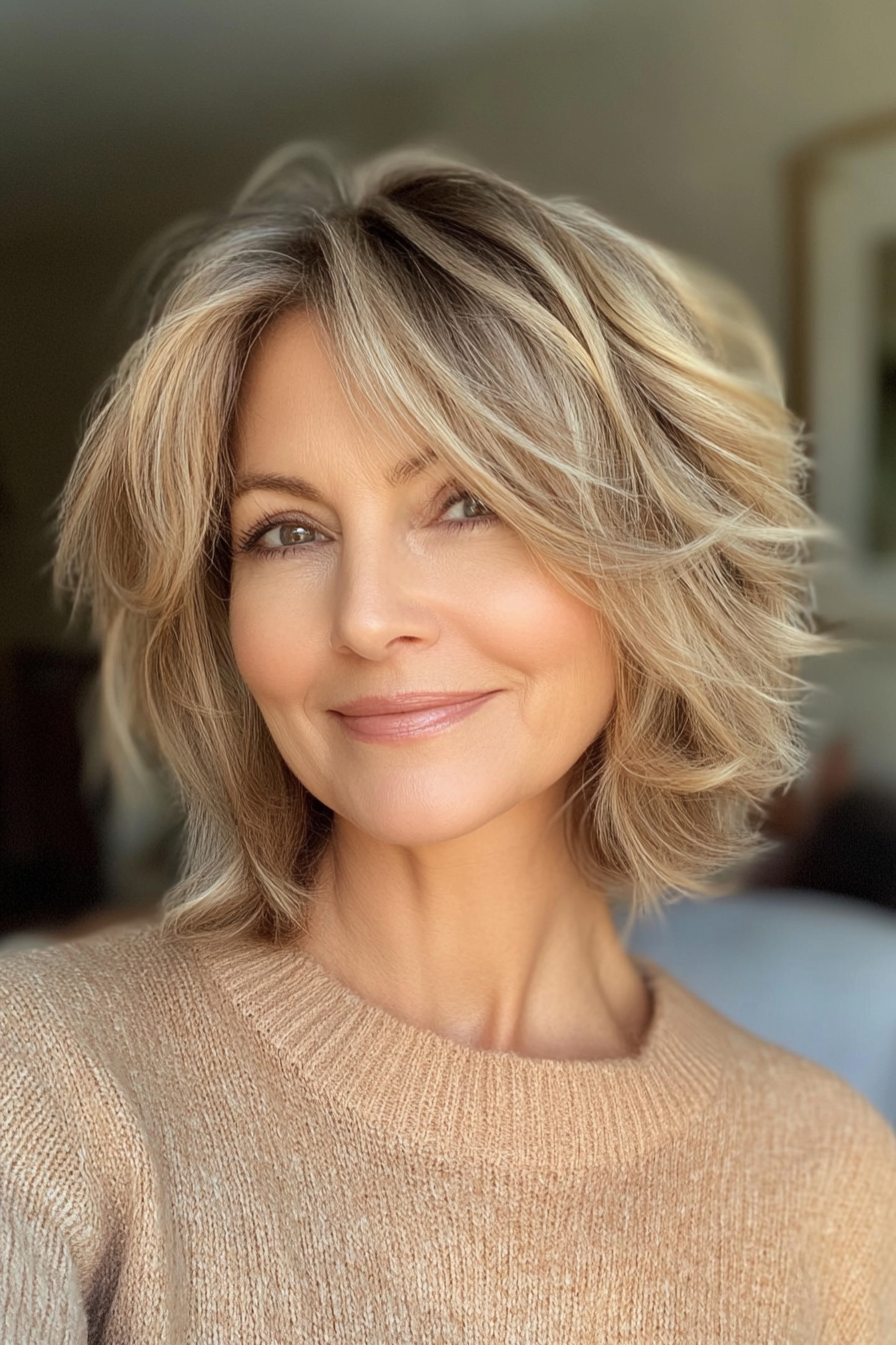 2. Golden Blonde Shaggy Bob (Layered Bob Haircuts For Women Over 50) - Layered Bob Haircuts For Women Over 50