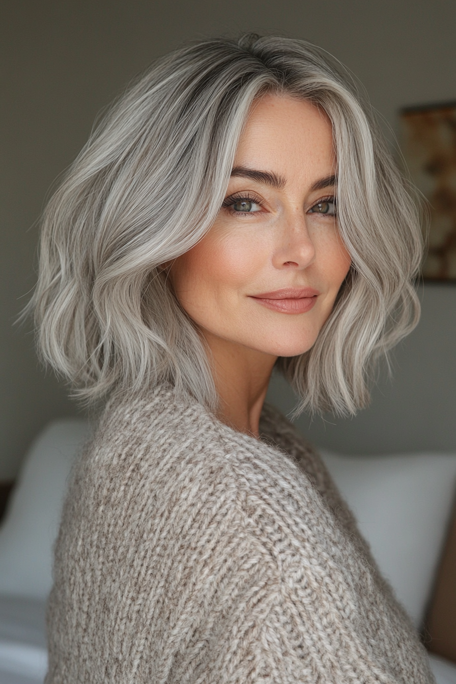 20. Layered Bob with Pearl Gray Highlights (Layered Bob Haircuts For Women Over 50) - Layered Bob Haircuts For Women Over 50