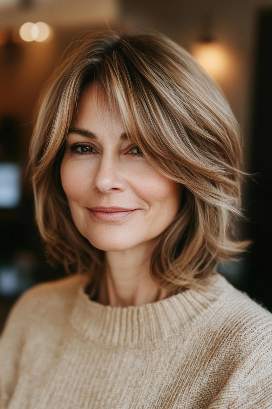 22. Side-Swept Bob with Honey Balayage (Layered Bob Haircuts For Women Over 50) - Layered Bob Haircuts For Women Over 50