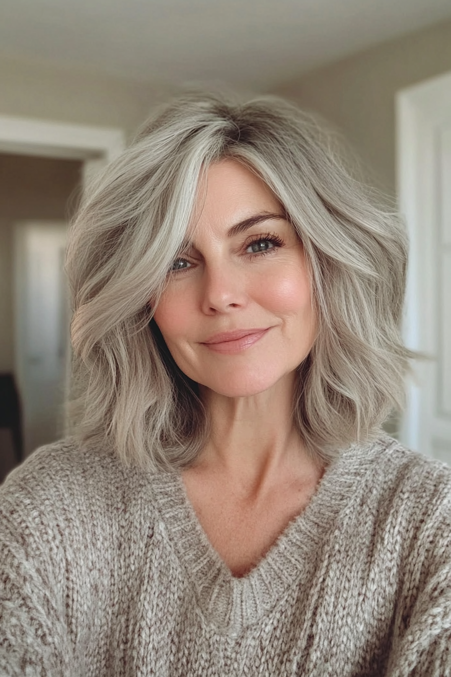 28. Wavy Bob with Smoky Gray Undertones (Layered Bob Haircuts For Women Over 50) - Layered Bob Haircuts For Women Over 50