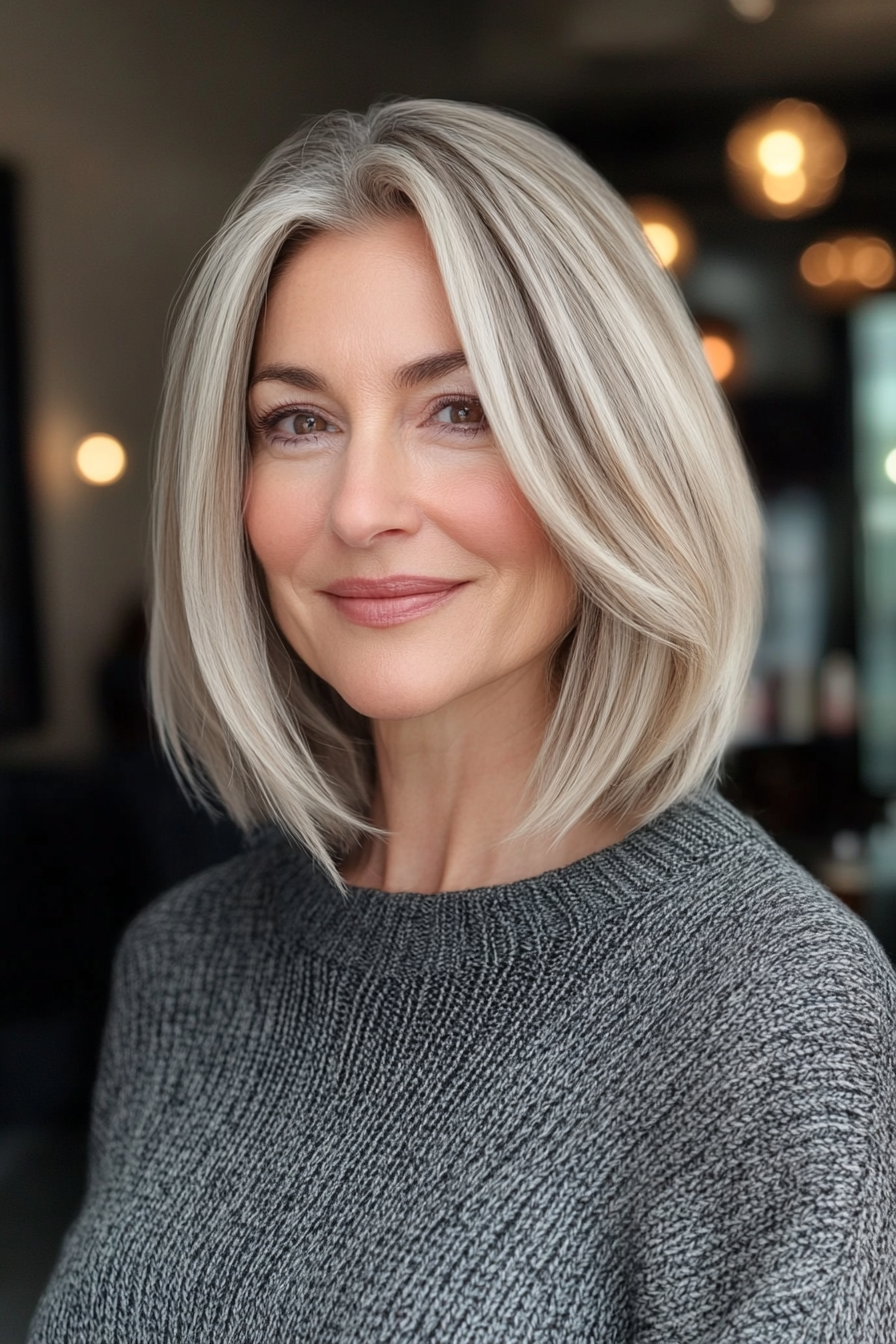 3. Layered Bob with Champagne Balayage (Layered Bob Haircuts For Women Over 50) - Layered Bob Haircuts For Women Over 50