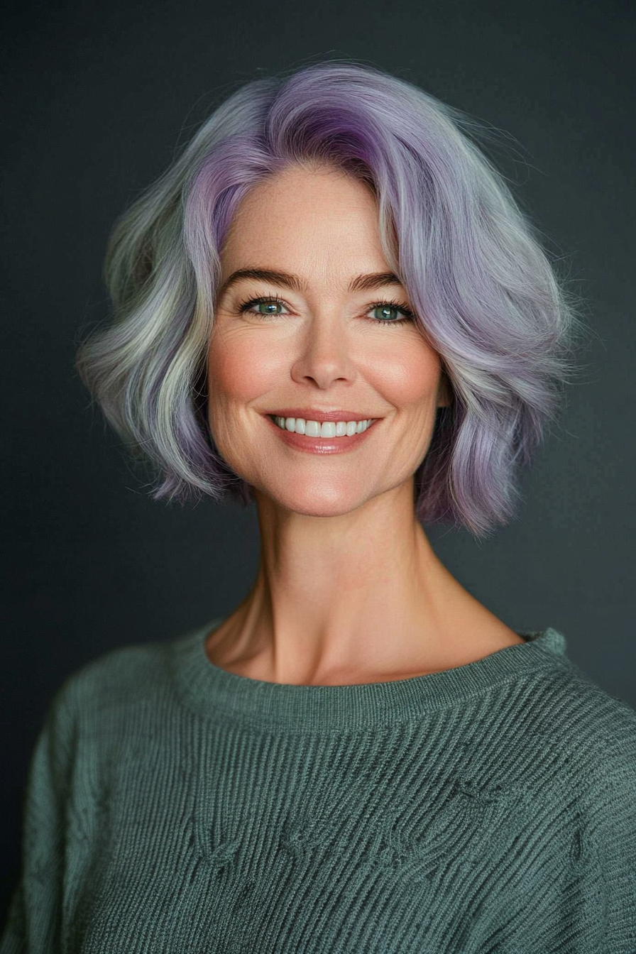32. Textured Bob with Lavender Highlights (Layered Bob Haircuts For Women Over 50) - Layered Bob Haircuts For Women Over 50