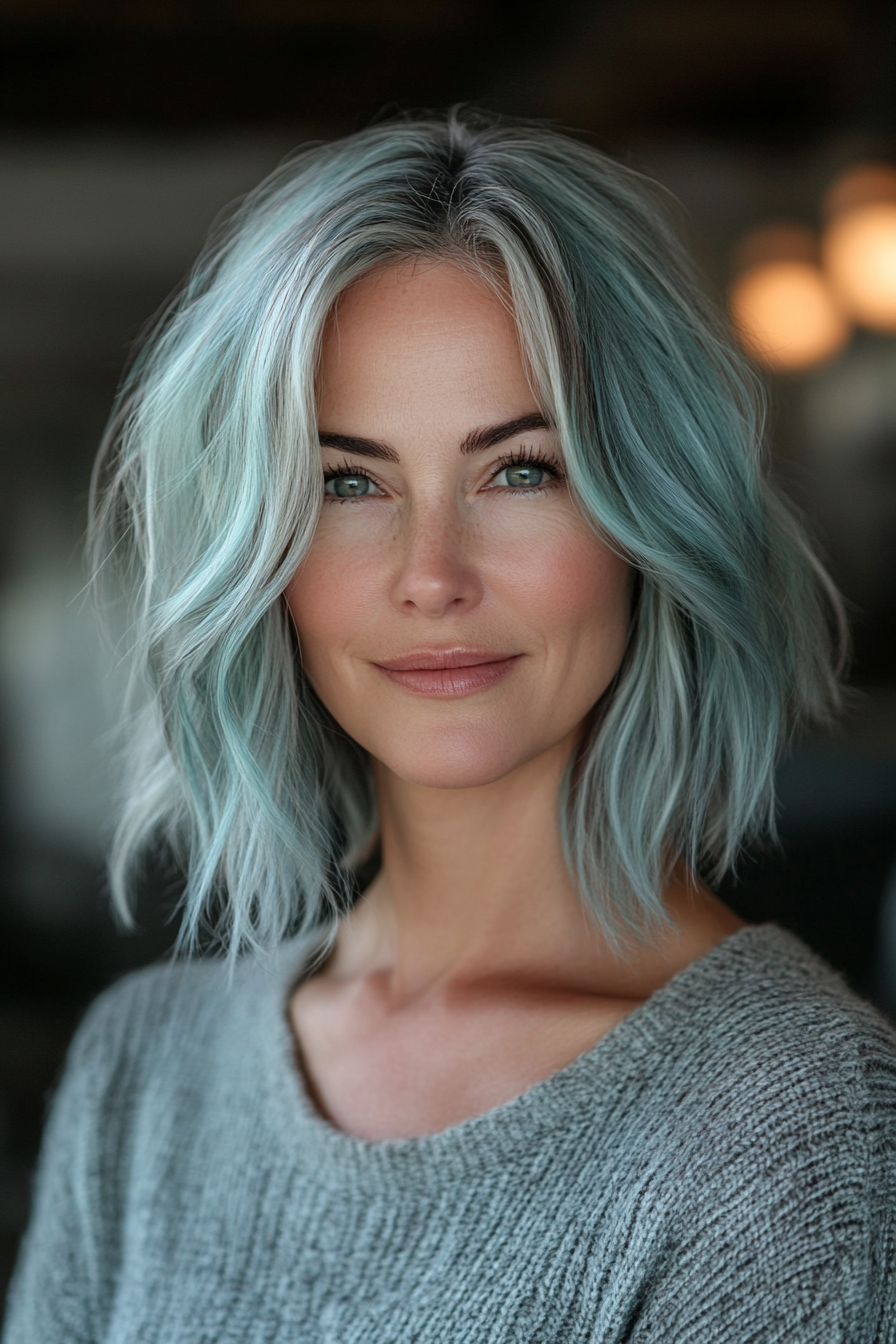 33. Layered Bob with Teal Undertones (Layered Bob Haircuts For Women Over 50) - Layered Bob Haircuts For Women Over 50