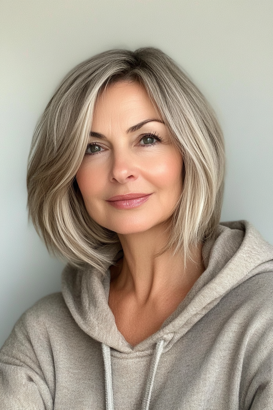 34. Chin-Length Bob with Sun-Kissed Blonde Highlights (Layered Bob Haircuts For Women Over 50) - Layered Bob Haircuts For Women Over 50
