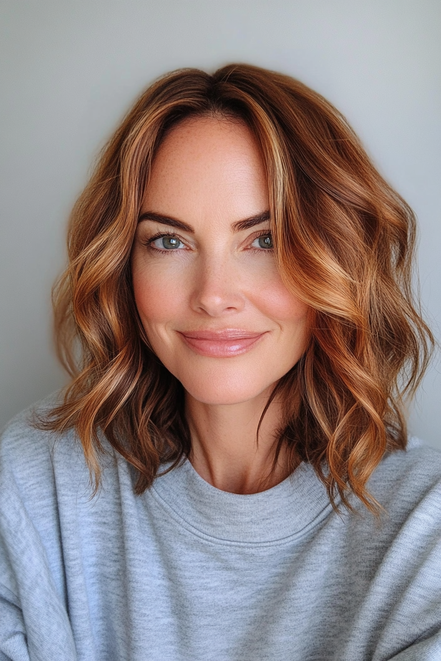 38. Chestnut Wavy Bob with Subtle Highlights (Bob Hairstyles For Women Over 40) - Bob Hairstyles For Women Over 40