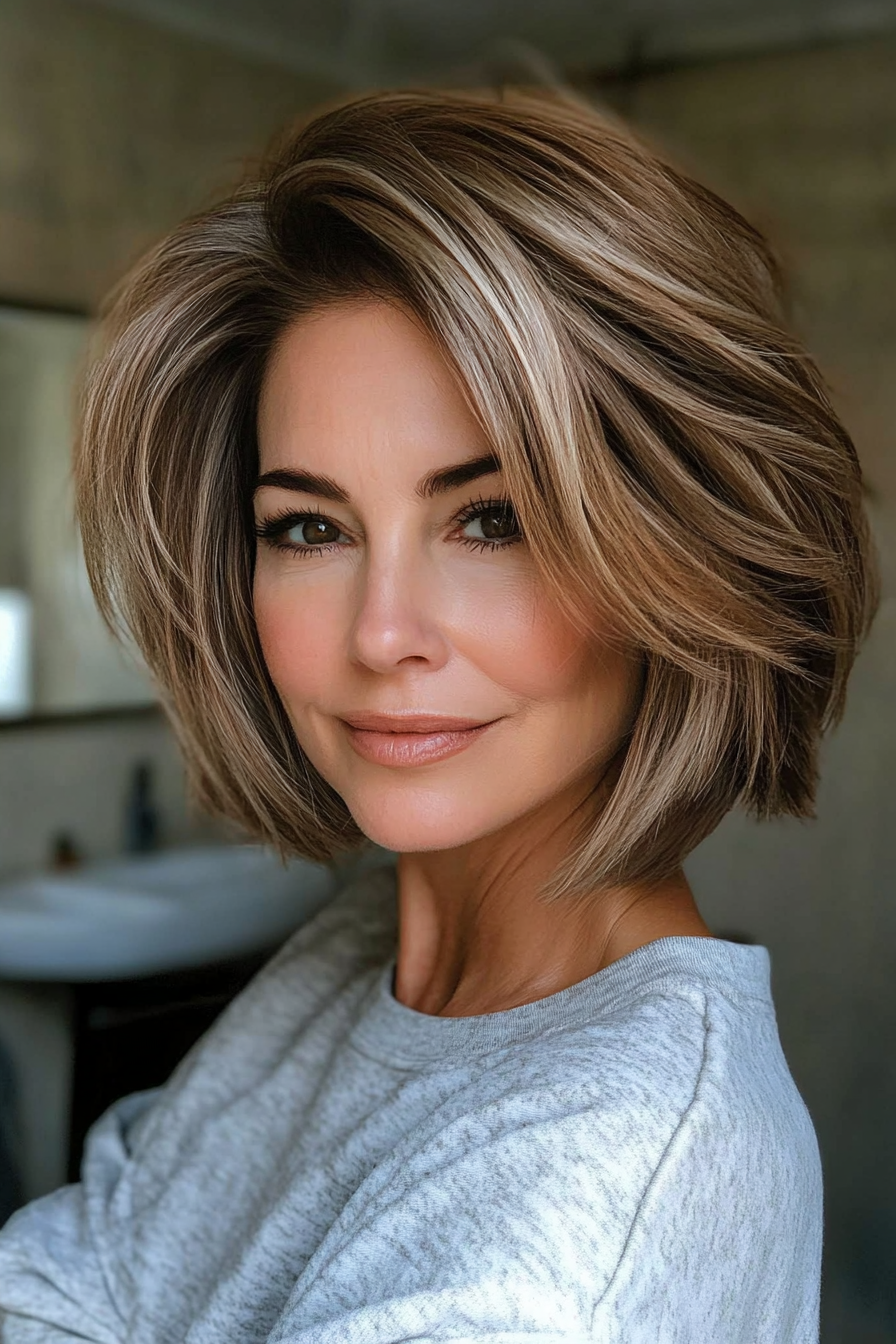 6. Wispy Layers with Caramel Streaks (Layered Bob Haircuts For Women Over 50) - Layered Bob Haircuts For Women Over 50