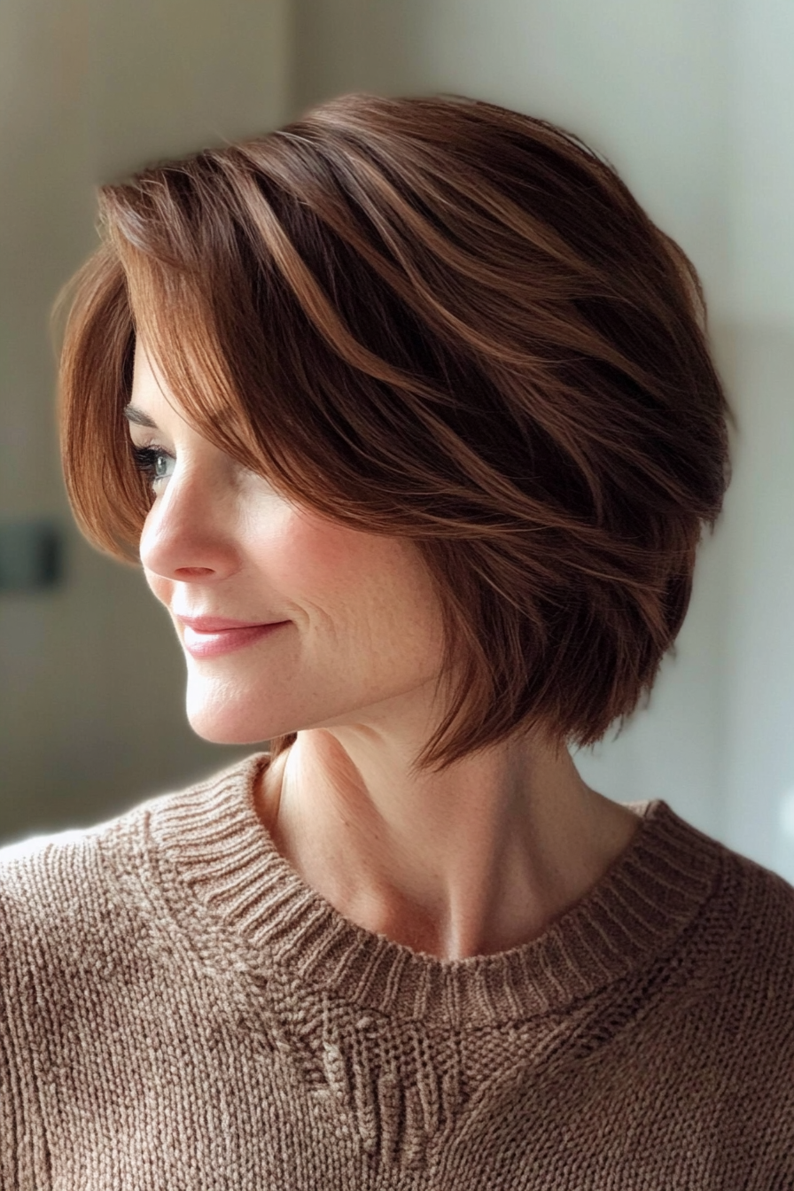 8. Chestnut Brown Layered Crop (Layered Bob Haircuts For Women Over 50) - Layered Bob Haircuts For Women Over 50