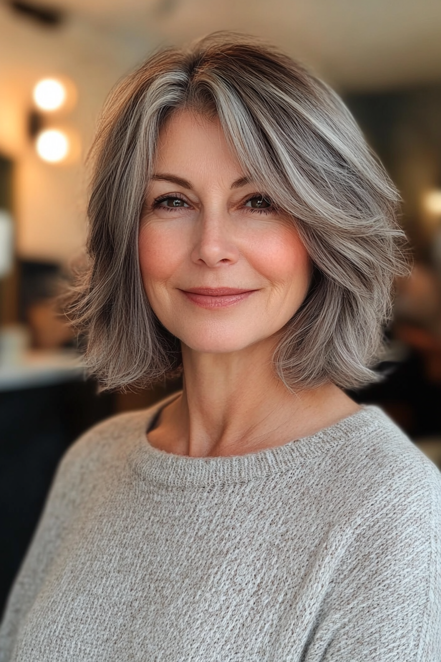 9. Layered Bob with Salt-and-Pepper Style (Layered Bob Haircuts For Women Over 50) - Layered Bob Haircuts For Women Over 50